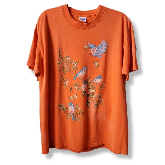 80s VTG Anvil Single Stitch Bluebirds Butterfly Tee Shirt XL Orange Colorful USA - Picture 1 of 7